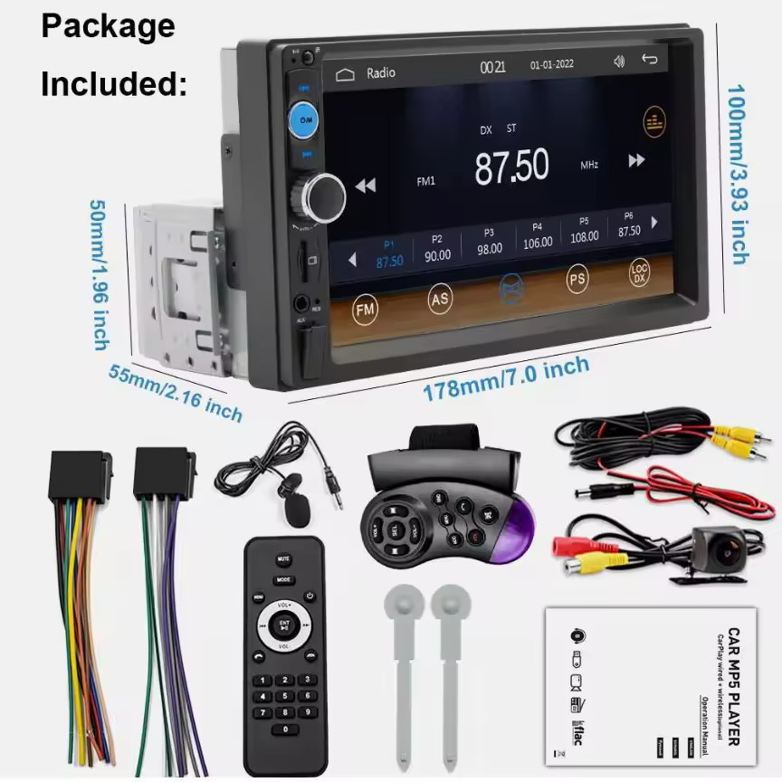 1 Single DIN 7″ Apple CarPlay Car Stereo Touch Screen Android Auto Backup Camera