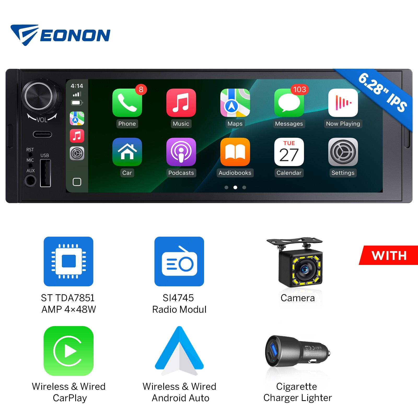1DIN 6.28″ IPS Touchscreen CarPlay Android Auto Stereo Car Radio AUX USB GPS RDS