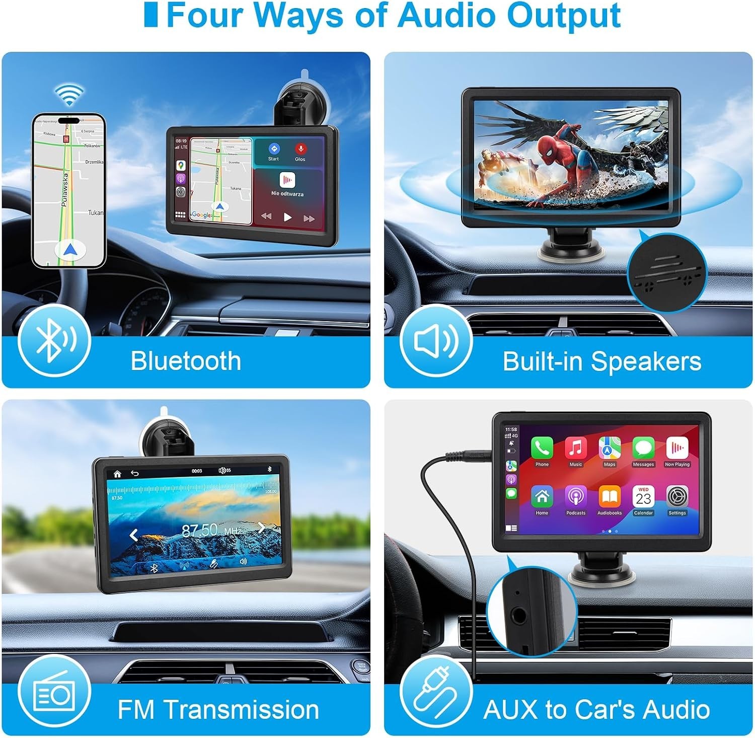 Bluetooth Carplay Screen with FM Transmitter