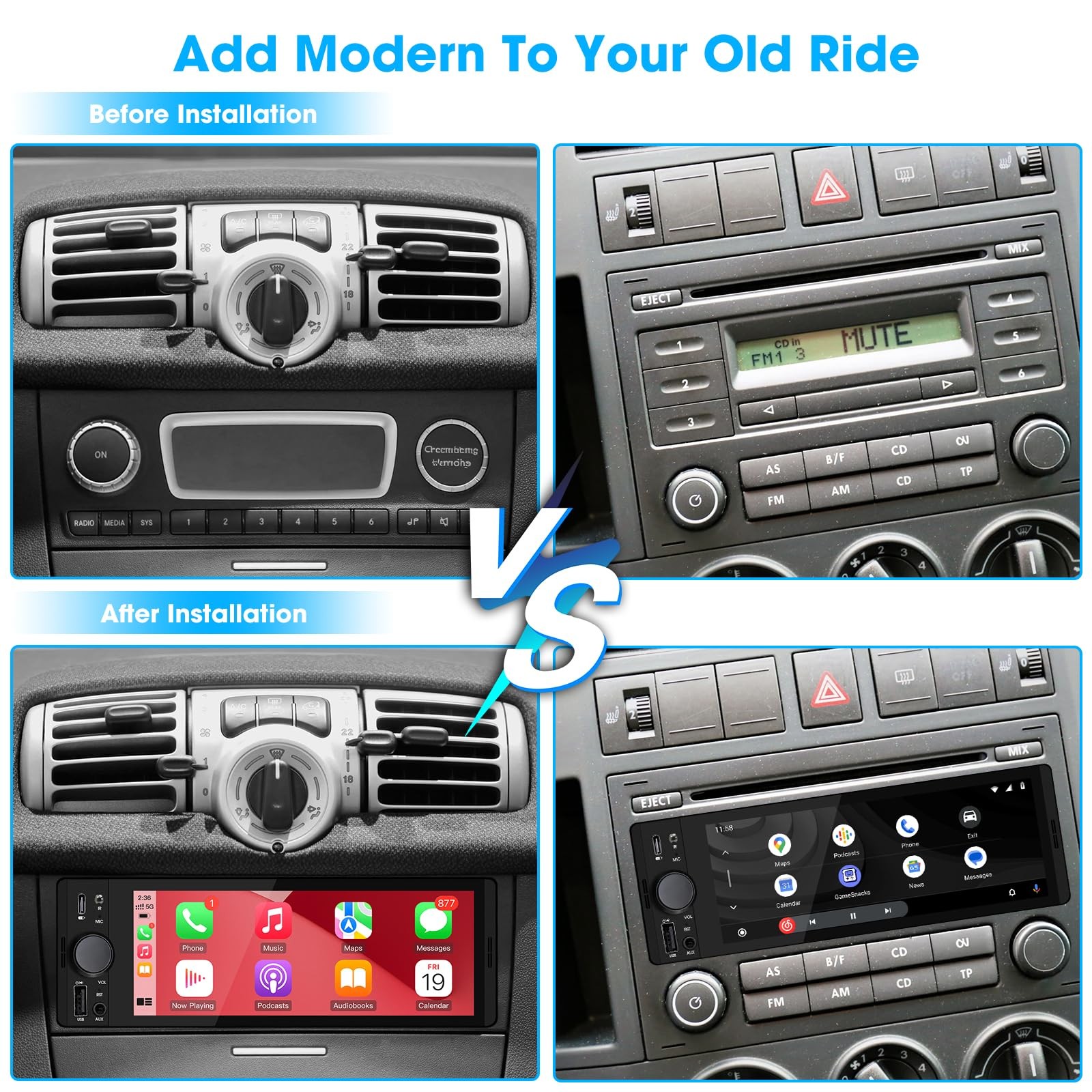 SOUNDKITS Single Din Car Radio with CarPlay: Bluetooth 6.5 Inch, Black
