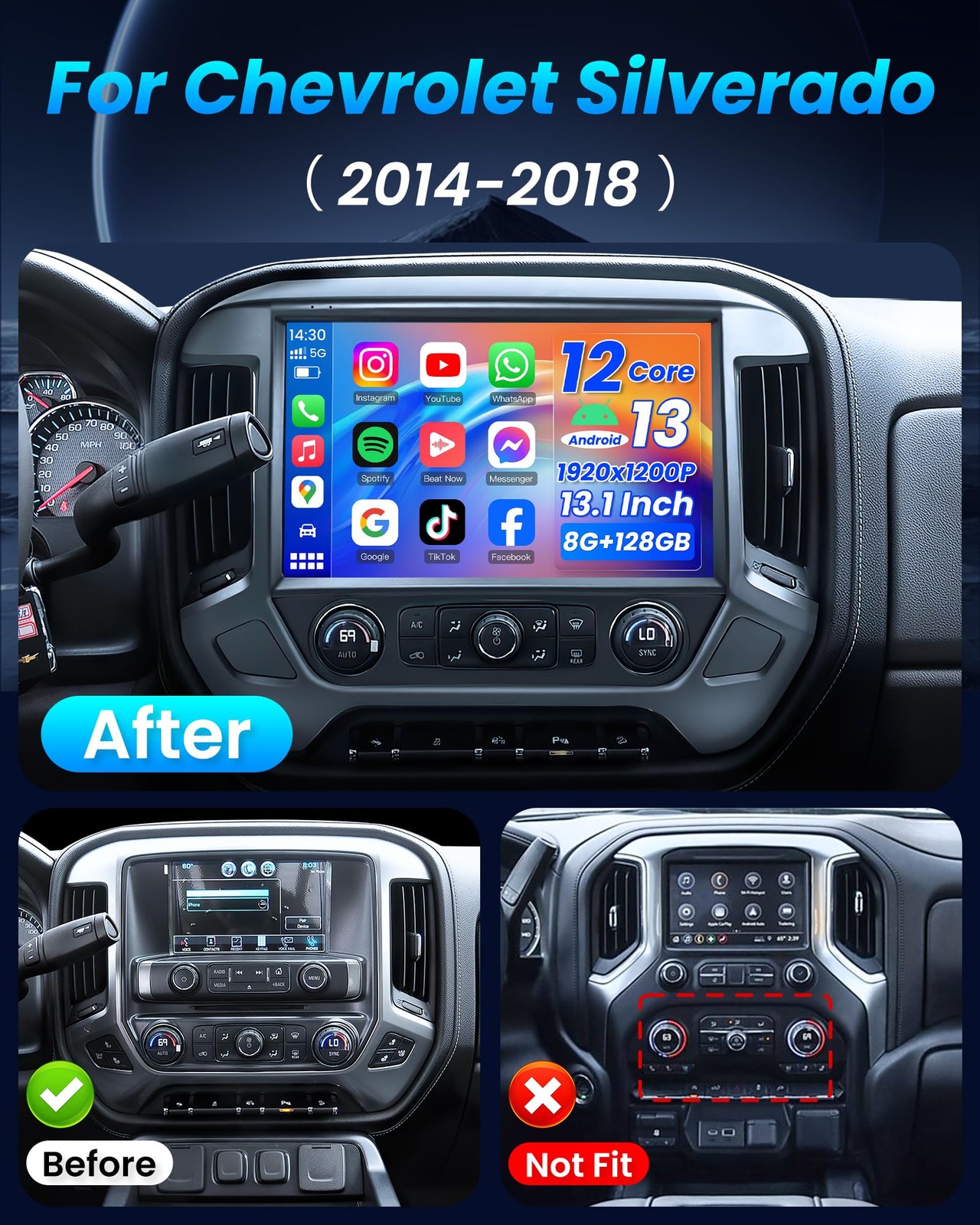 4G+64G Car Radio for Chevrolet Silverado 2014-2018 screen Stereo CarPlay Auto FM