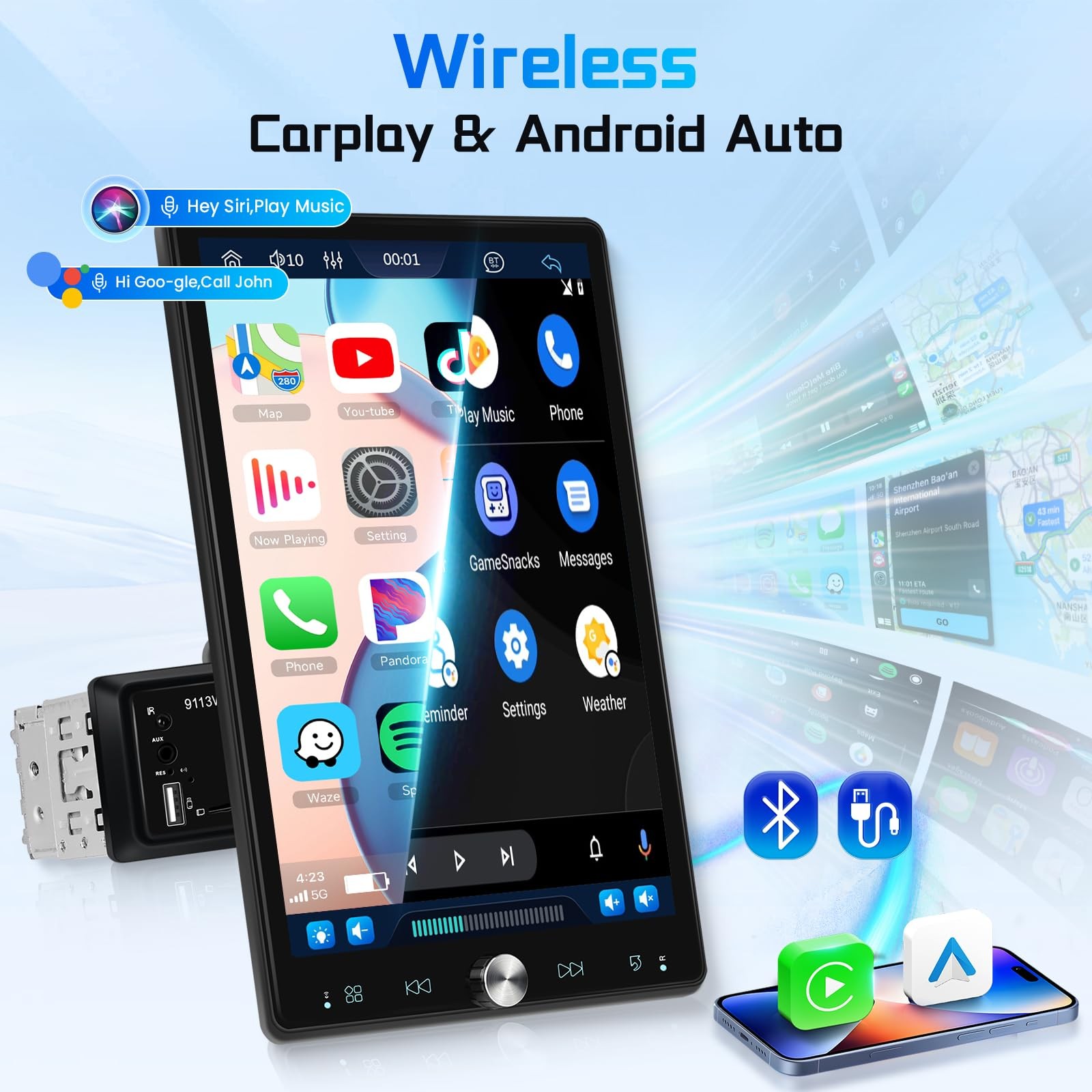 Single Din Car Stereo with Wireless Carplay/Android Auto,10.4″ Adjustable Tou…