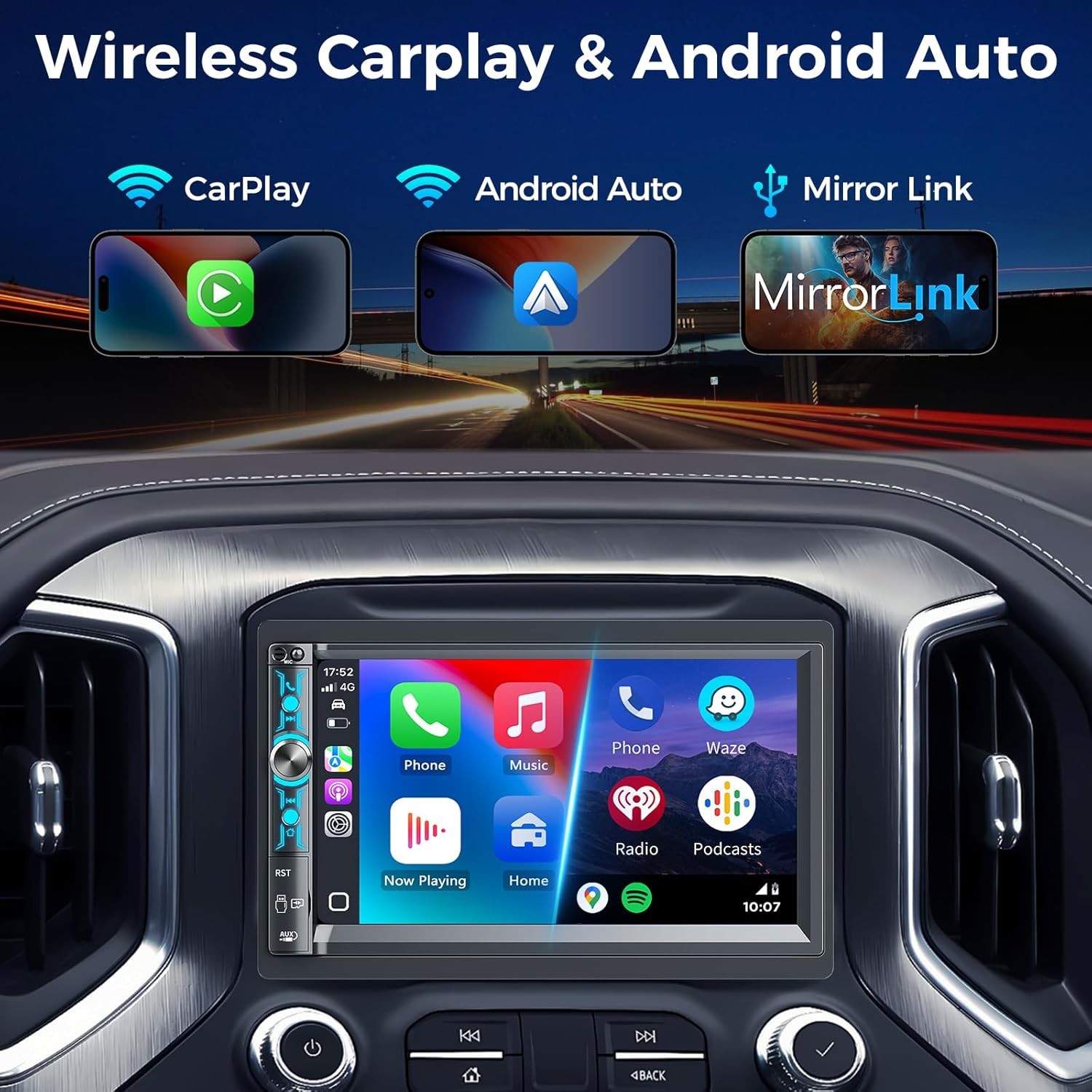 Double Din 7 Inch Car Radio Wireless Carplay Backup Cam