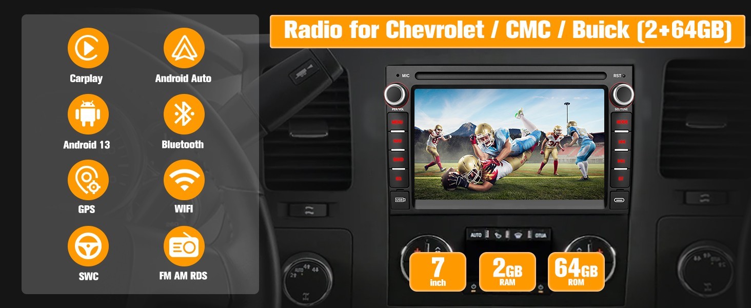 7″ 64G Android Auto Carplay for 2005-2014 Chevy Silverado GMC Sierra Yukon Buick