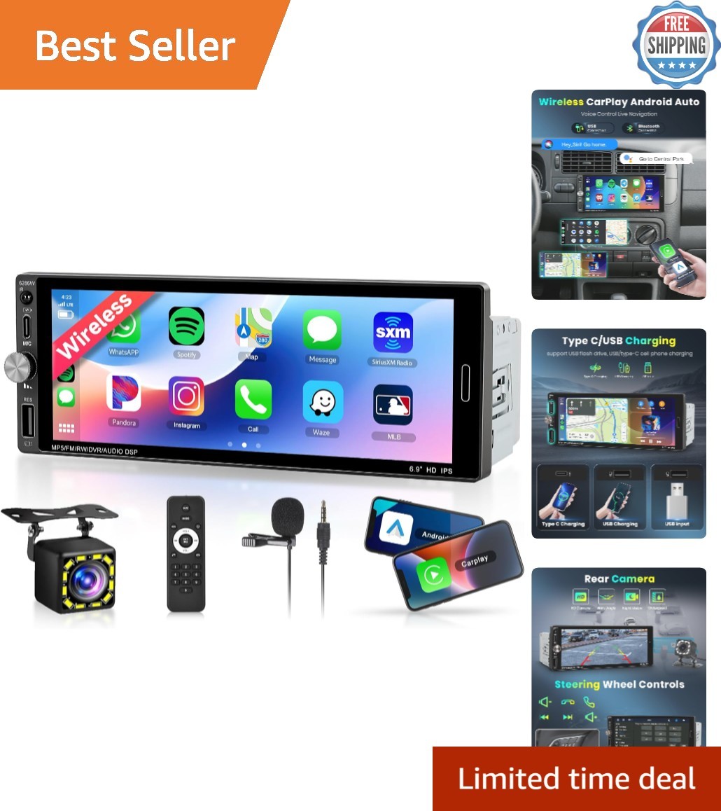 Wireless Carplay & Android Auto Single Din Car Stereo – 6.9 Inch Touchscreen