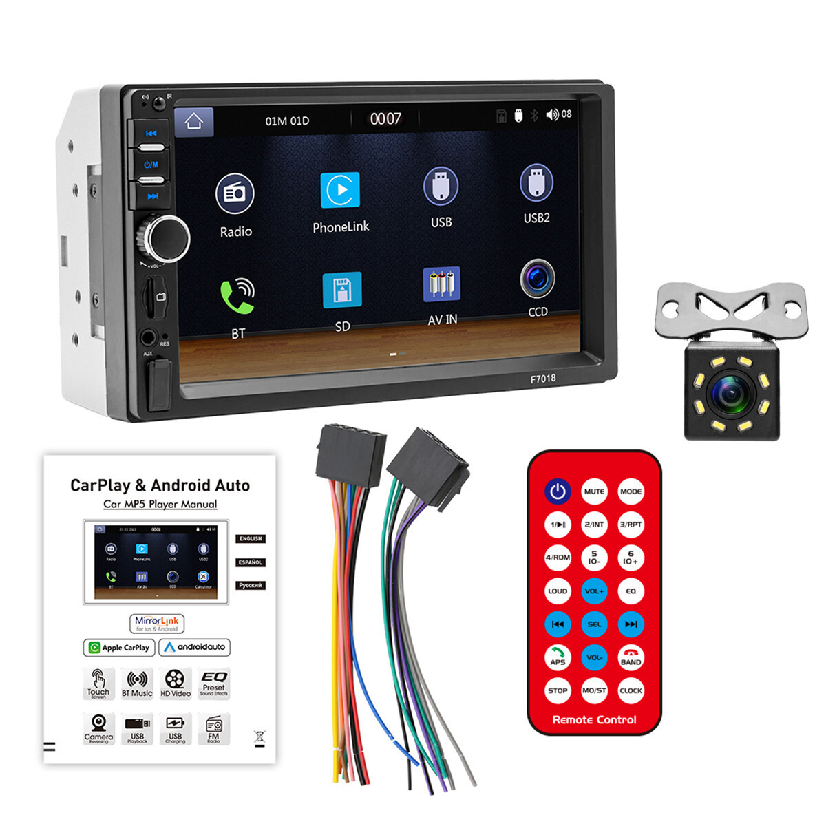Double DIN Car Radio MP5 Player Touch Screen Bluetooth With 8LED Rear Camera Kit