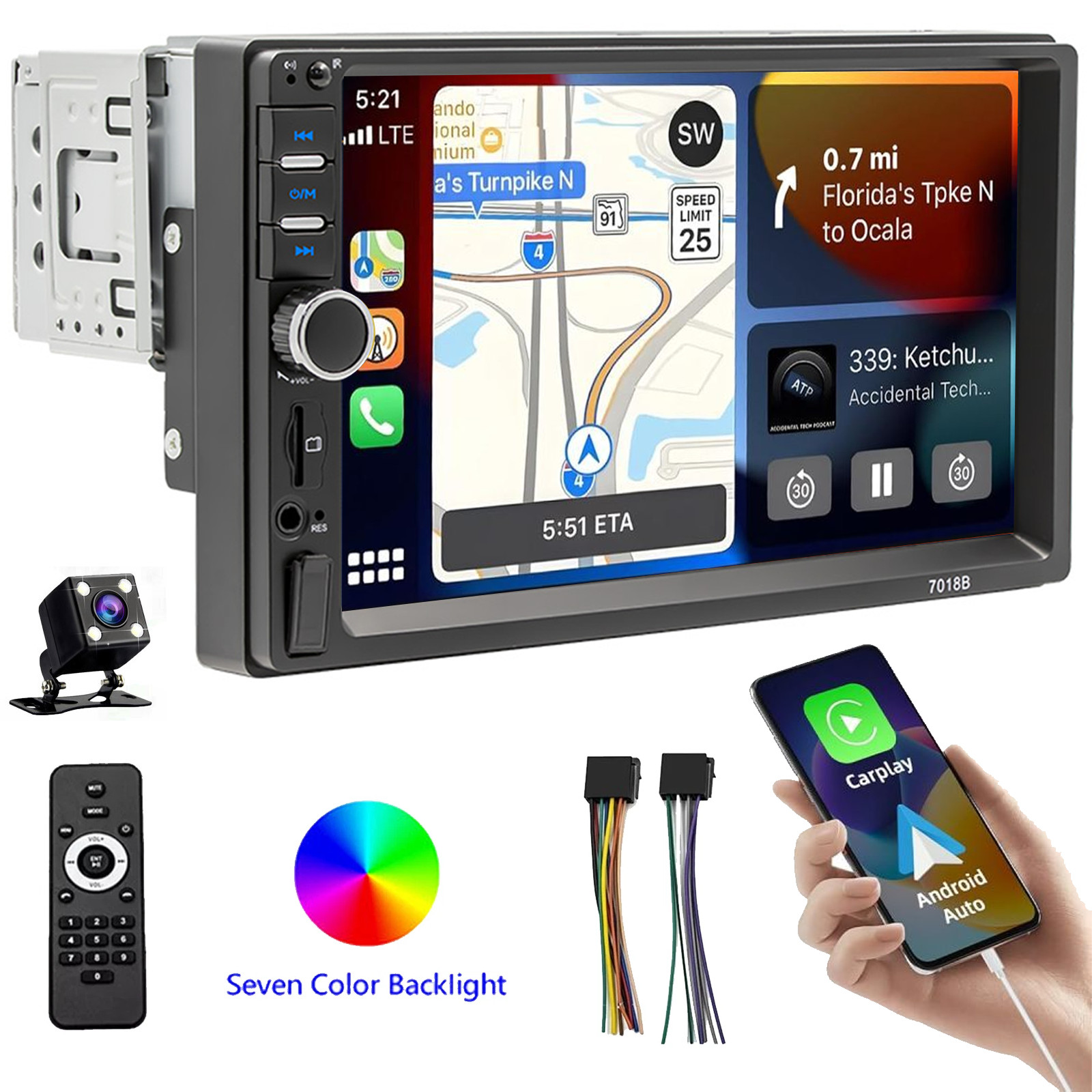 Single 1 DIN 7″ Car Stereo BT CarPlay FM Radio Touch Screen with Backup Camera