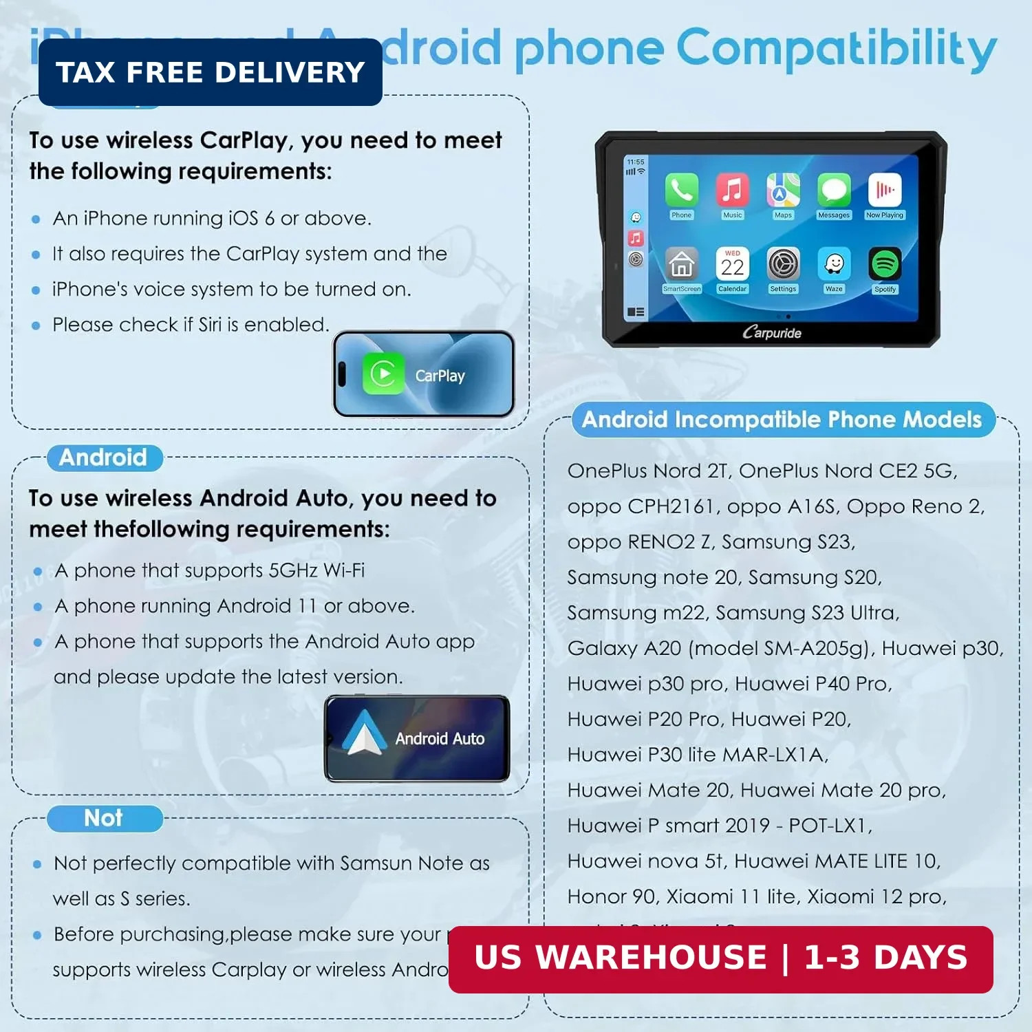 Carpuride W702PRO for Motorcycle CarPlay& Android Auto& Dual Bluetooth – 7″ Wate