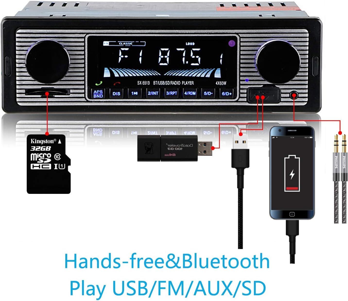 Bluetooth Vintage Car Stereo FM Radio Single Din USB Audio Receiver MP3 Player