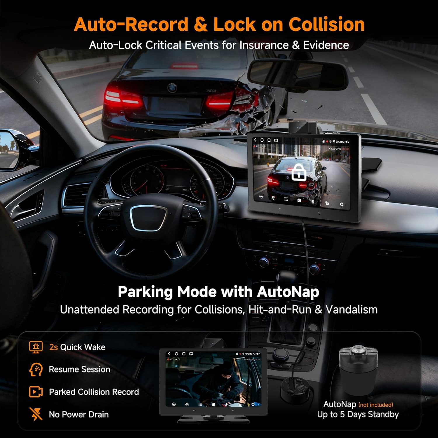 9″ Wireless Carplay Screen with Dash Cam, GPS, Bluetooth & Dual Wifi