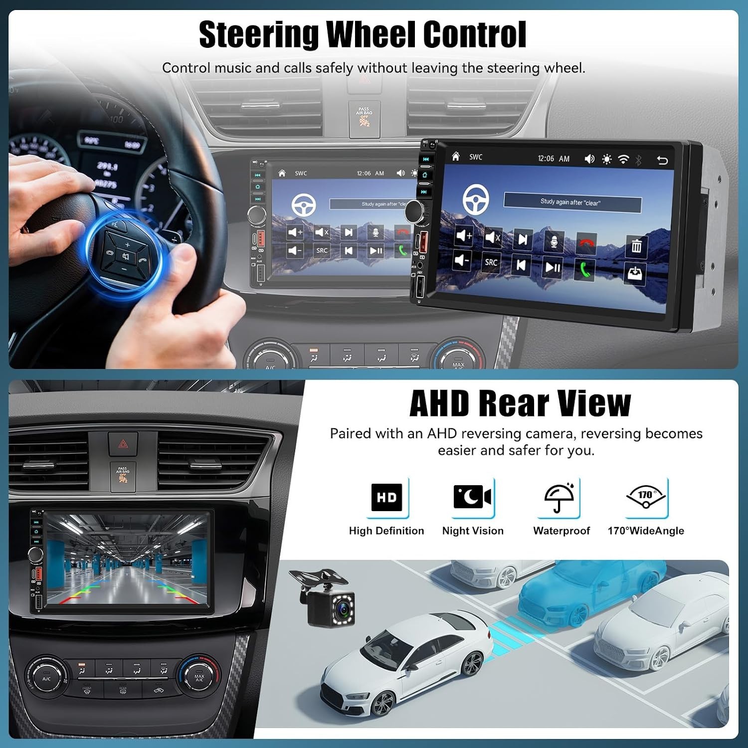 Wireless Double Din Car Stereo Compatible A-pple Carplay Android Auto,7″ IPS 102