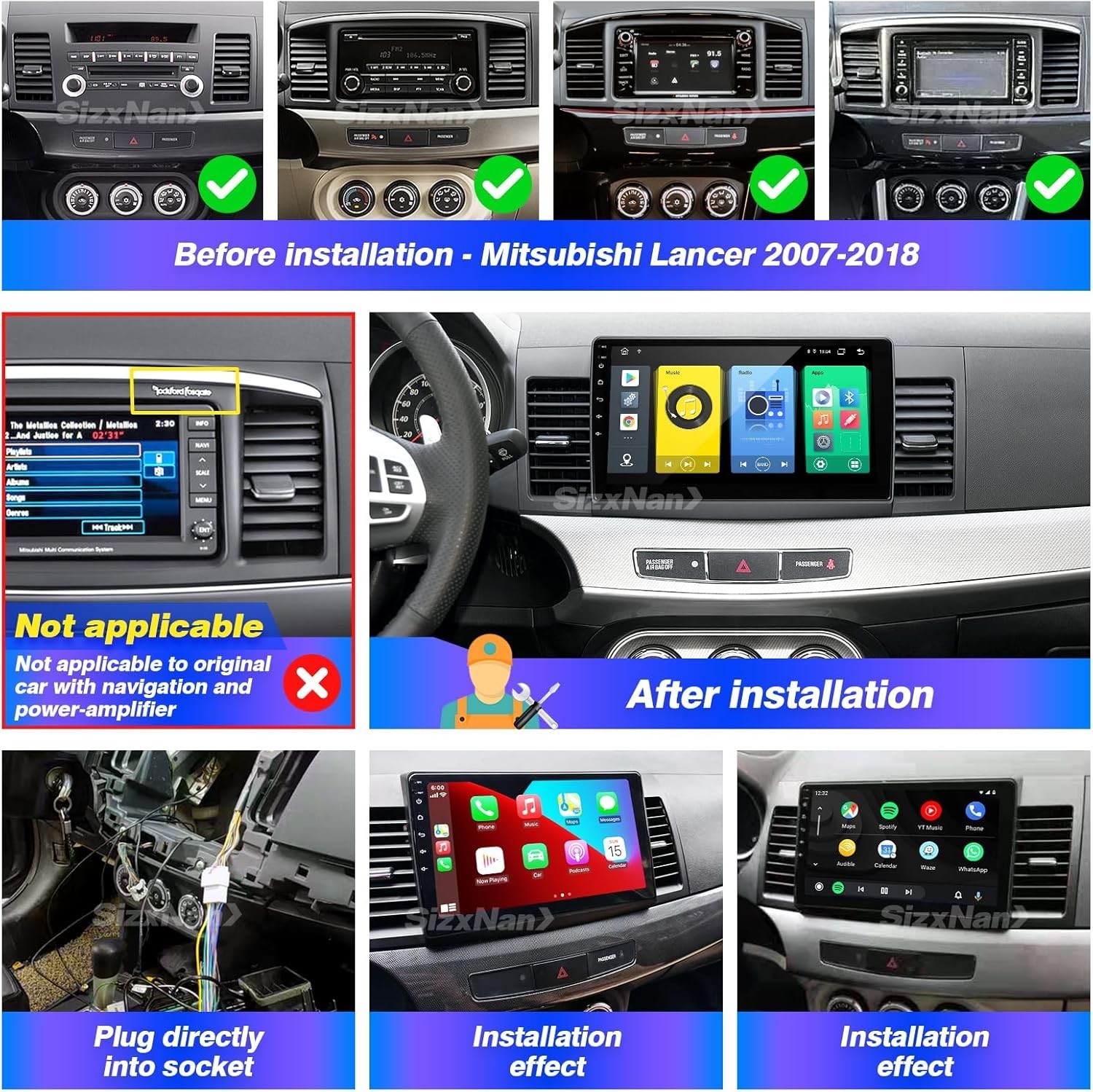 SizxNanv Lancer 2008-2017 Stereo Carplay Android Auto 2GB + 32GB 8 Core 10″ Scr