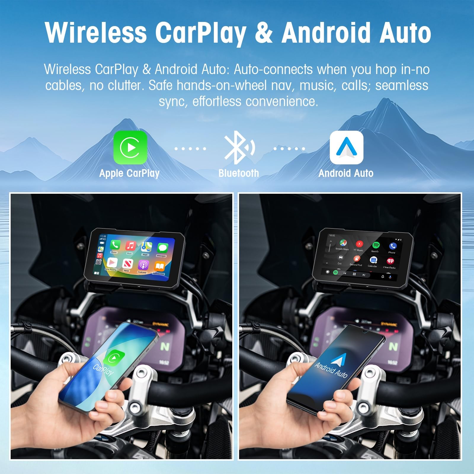 Motorcycle CarPlay Screen with Wireless CarPlay Android Auto, 5 Inch Waterpro…