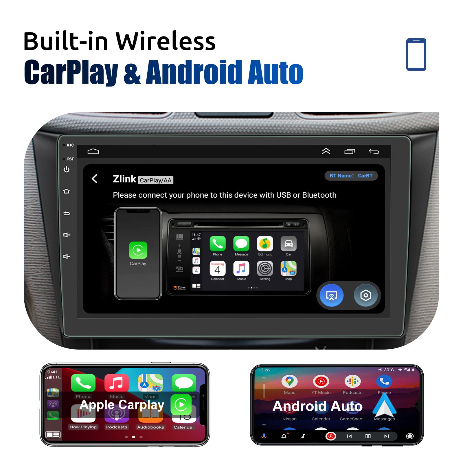 9″ Android 13 Auto Car Stereo Carplay FM Radio GPS Navigation 2 DIN 4+64GB MP5