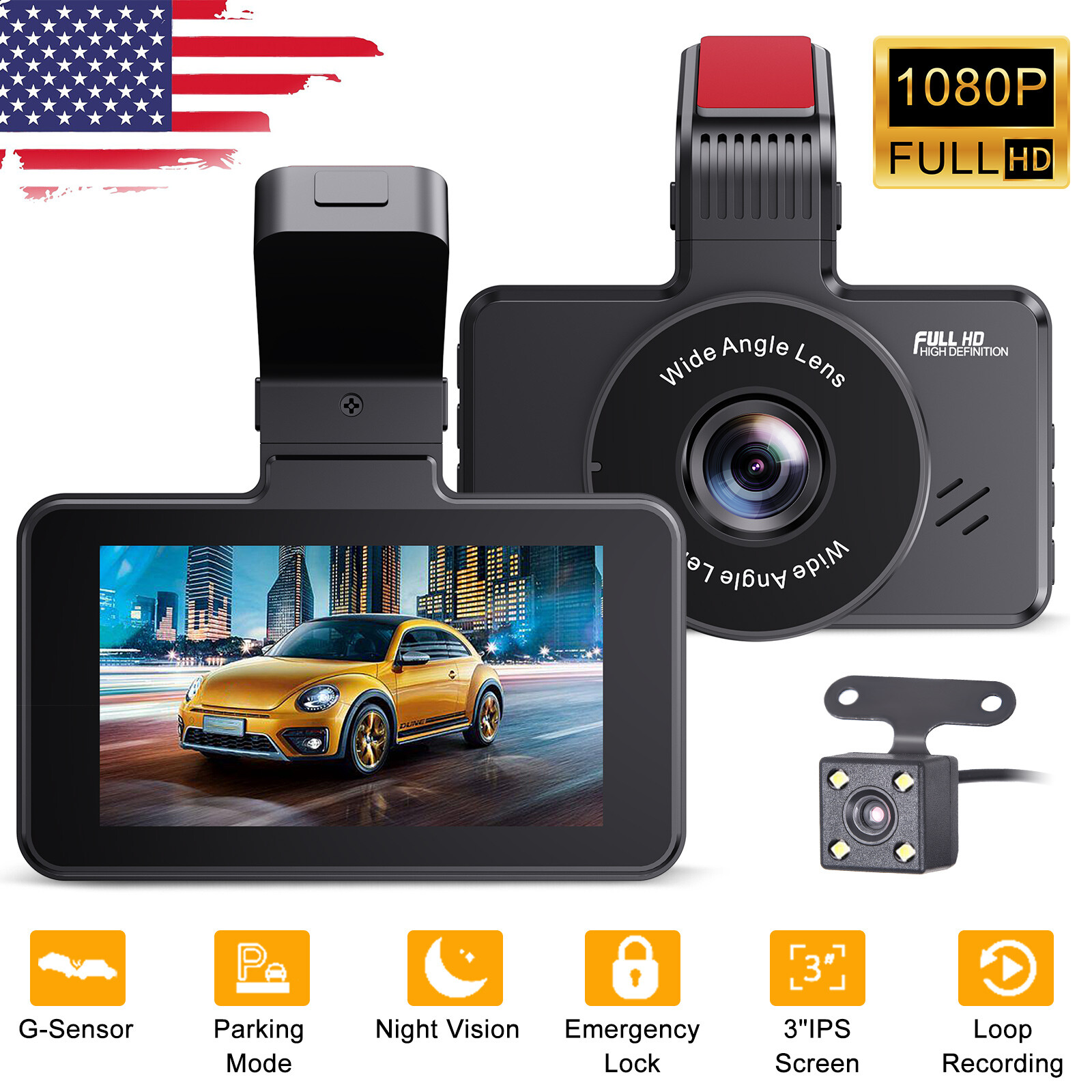 XGODY HD 1080P 3Inch Dual HD Dash Cam Nav Car DVR Video Recorder Camera G-sensor
