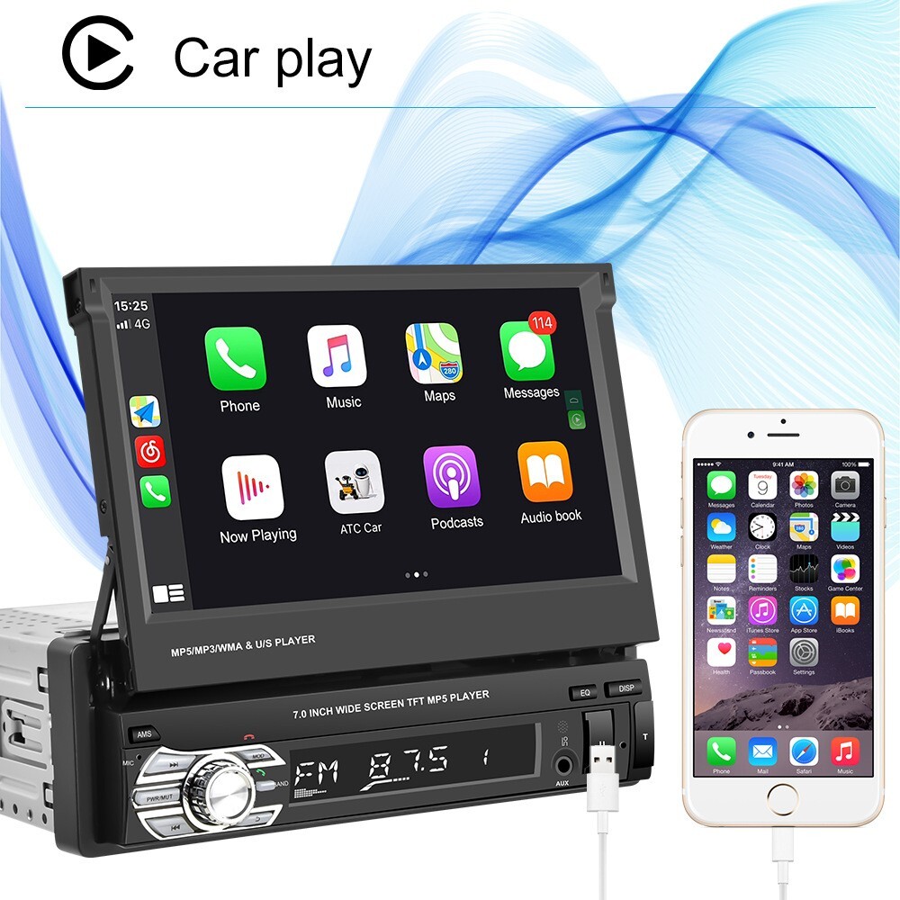 7″ Retractable Car MP5 Player with CarPlay, Android Auto 720P AHD Backup Camera