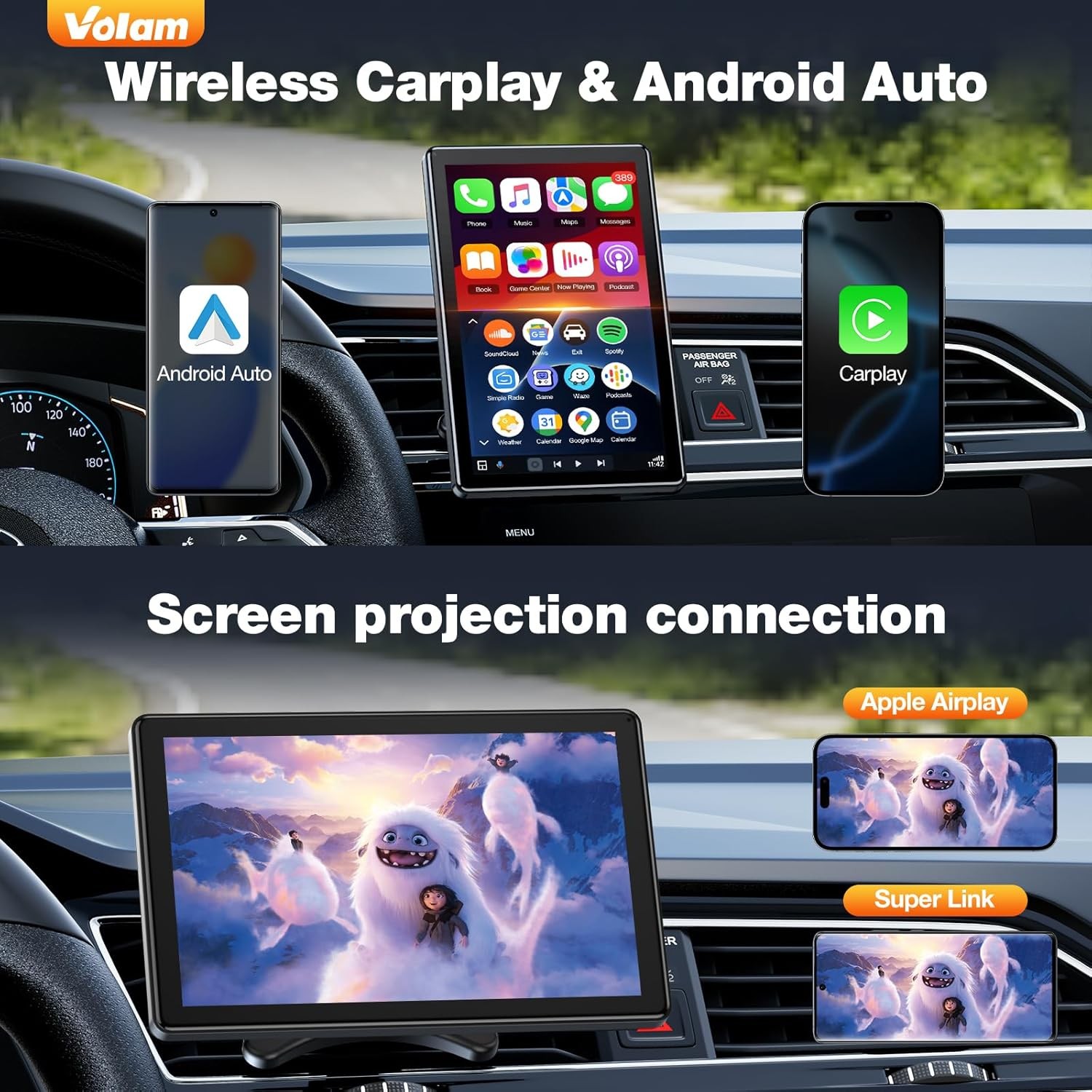 Portable 7″ Touchscreen Car Stereo Radio Wireless Apple Carplay/Android Auto GPS
