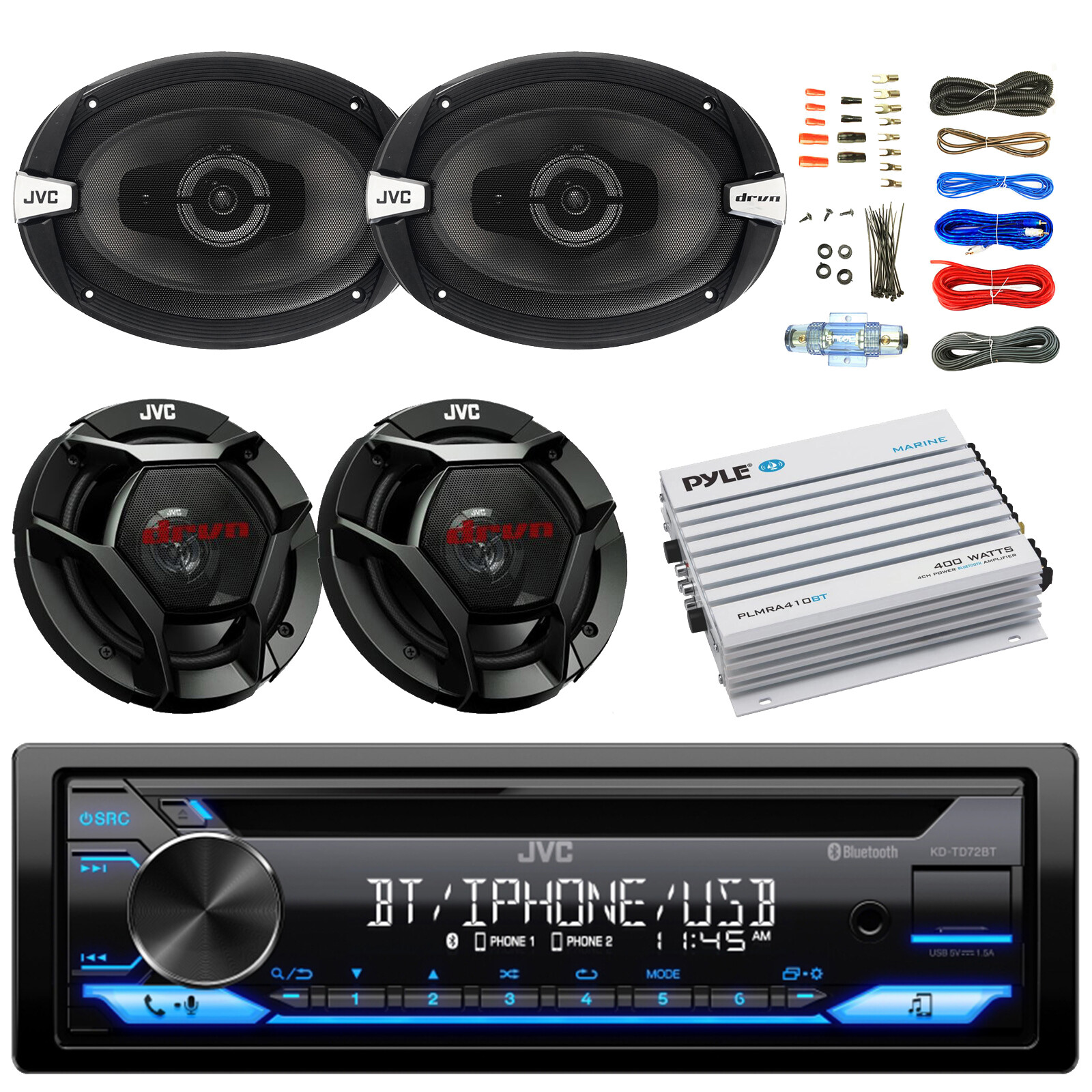 JVC CD Stereo Receiver, 2x 6.5″ Speakers, 2x 6×9″ Speakers, Bluetooth Amp w/Kit