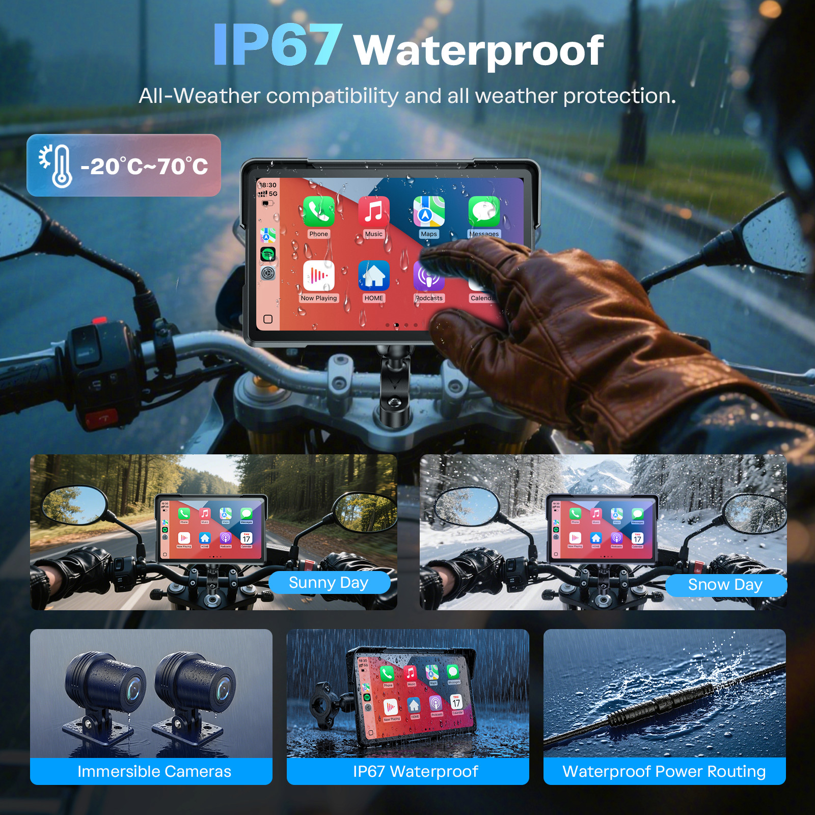 7in Motorcycle carplay Screen GPS 4K Dual Dash Camera,Bluetooth Audio BSD TPMS