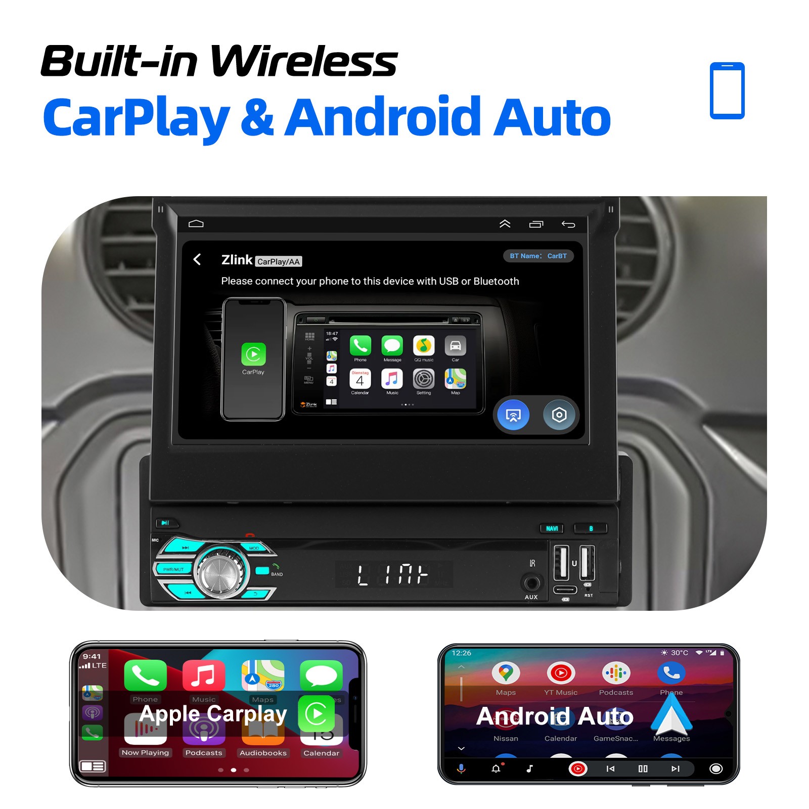 Android 15 4+64GB 1 DIN Car Radio Stereo 7″ Flip Out Touch Screen Carplay GPS BT