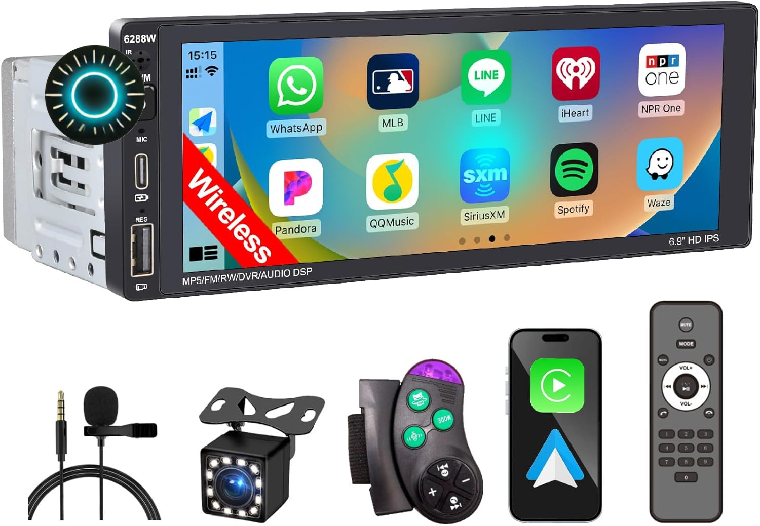 Wireless Single Din Car Stereo with Apple Carplay Ips Touch Screen Car Radio wit