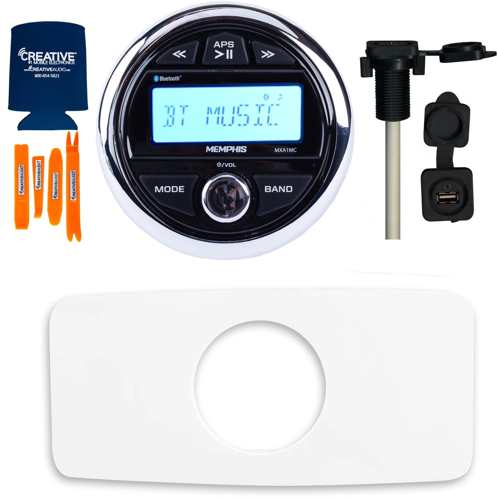 Memphis MXA1MC Gauge Style Media Center, Stinger White Marine Dash Kit