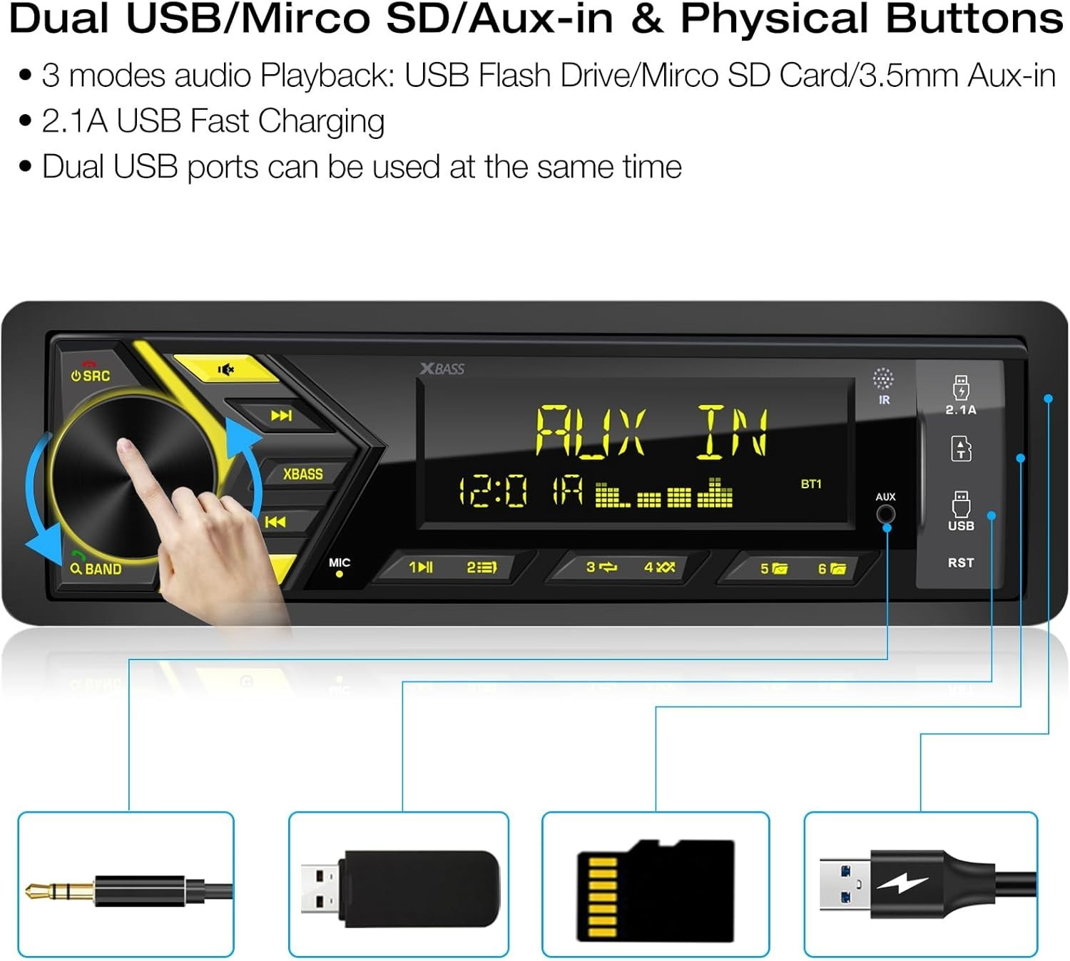 High-Power Bluetooth Car Stereo with FM/AM, App Control & Adjustable EQ Settings