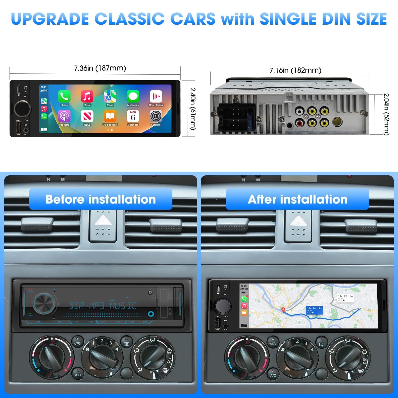 AKAMATE Single Din CarPlay Stereo: Android Car Stereo with