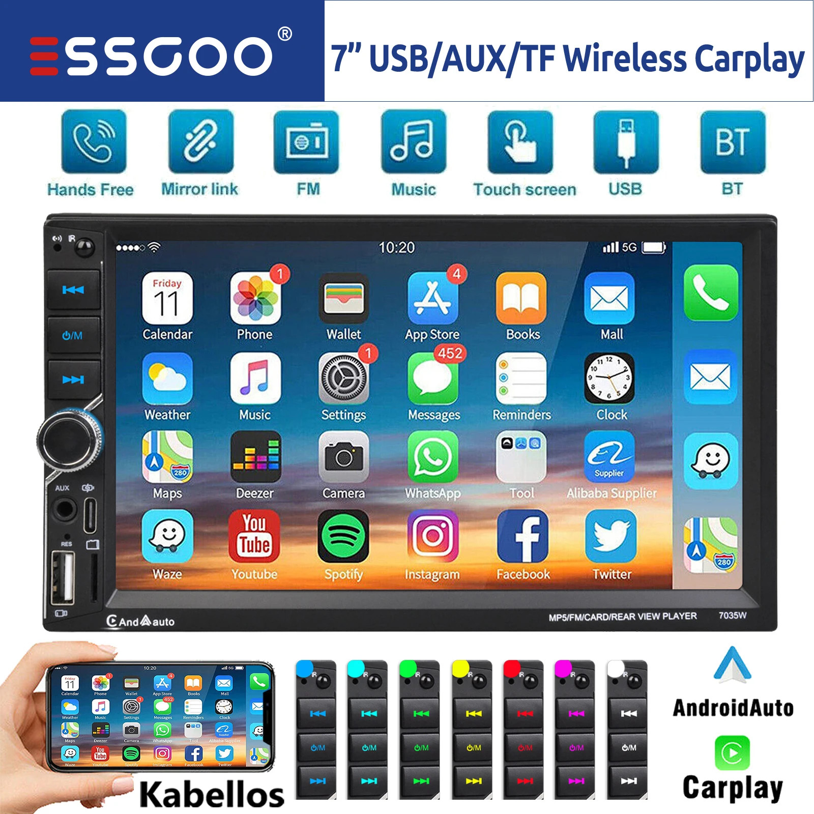 ESSGOO 7 Inch Wireless Apple Carplay Android Auto Double 2 DIN Car Stereo Radio