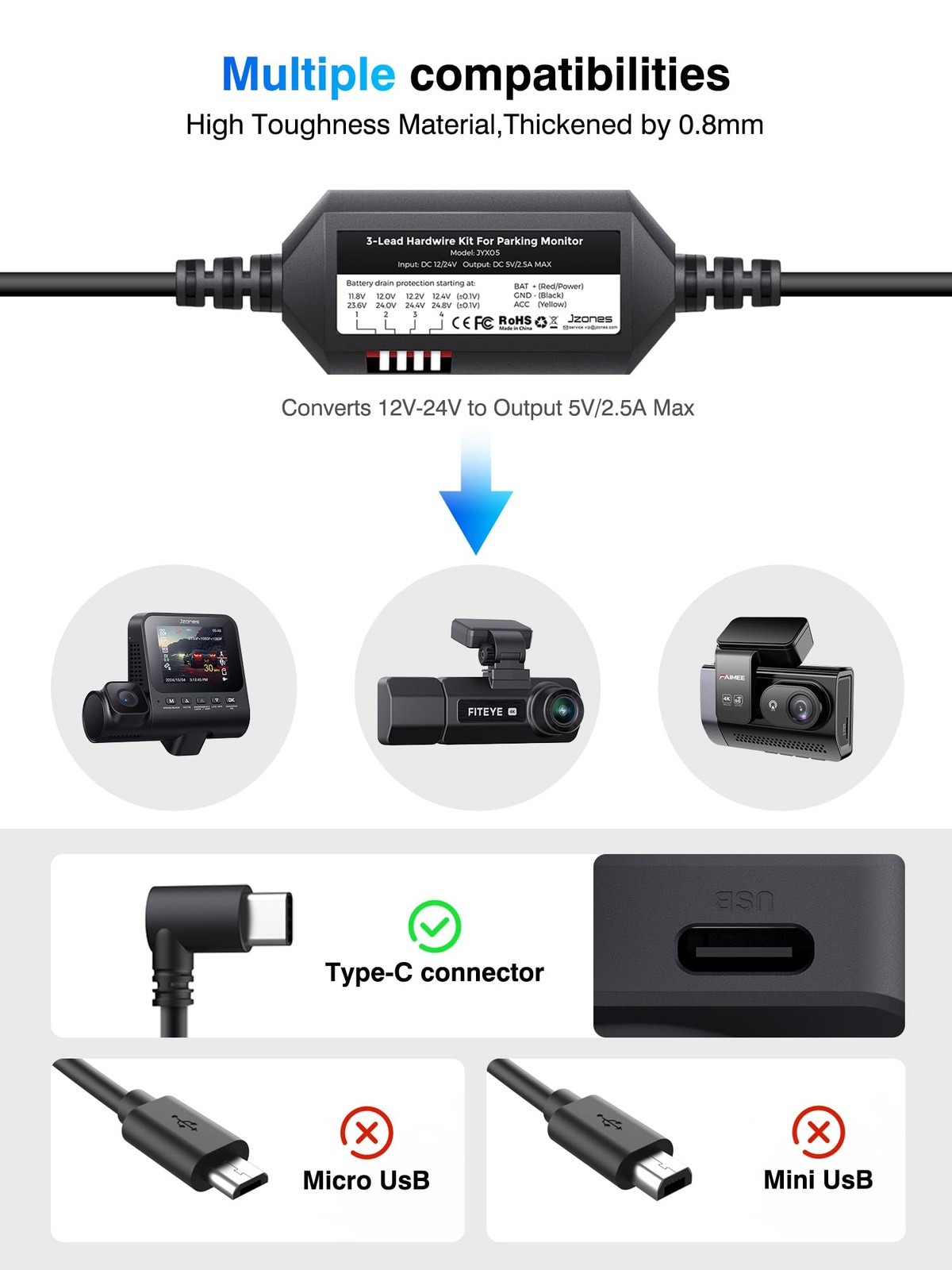 Fiteye Dash Cam Hardwire Kit, 11.5ft Type C USB Port Converts 12V-24V to 5V, Das