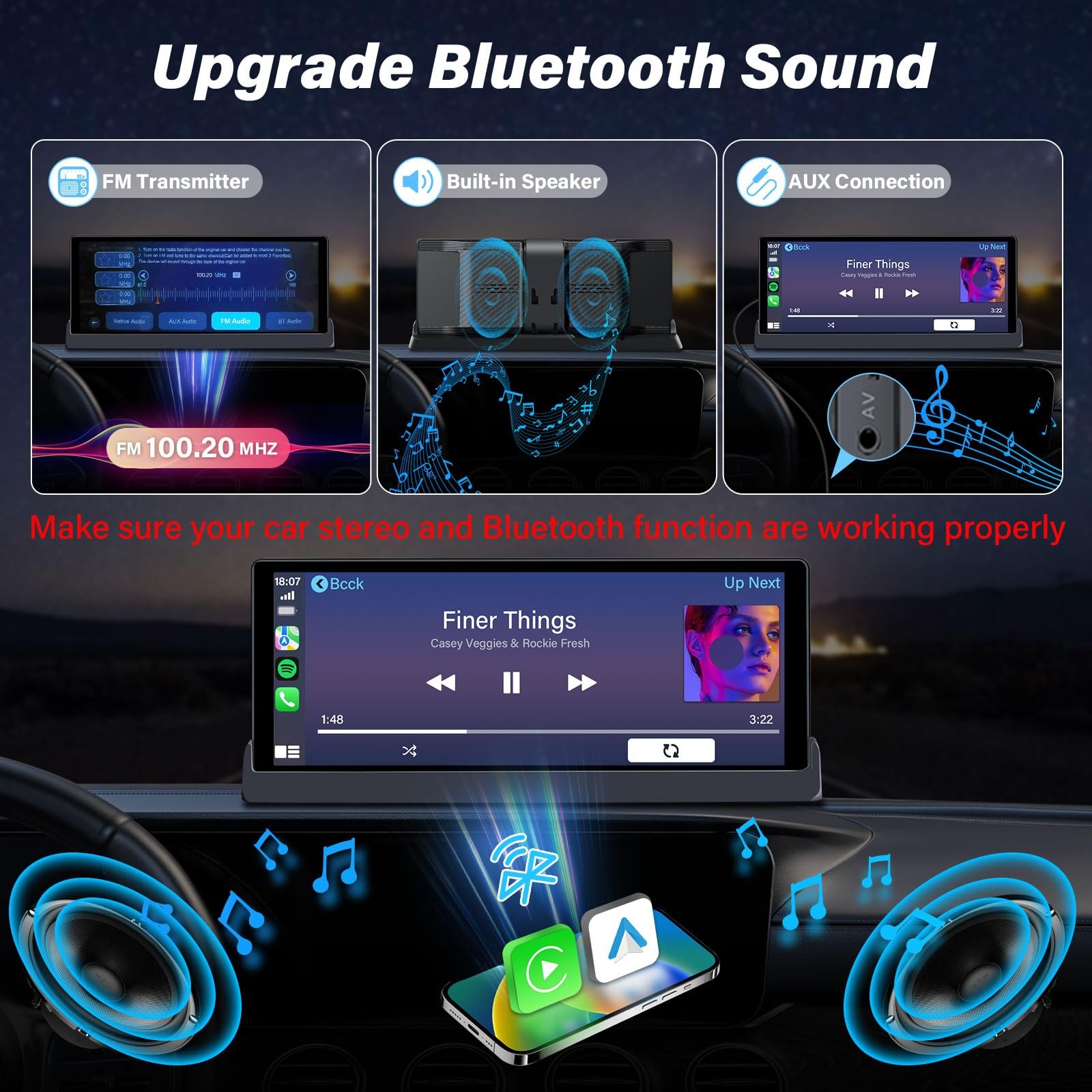 Pantalla Tactil 10″ Carplay Android Portátil Bluetooth Estereo Para Carro Coche