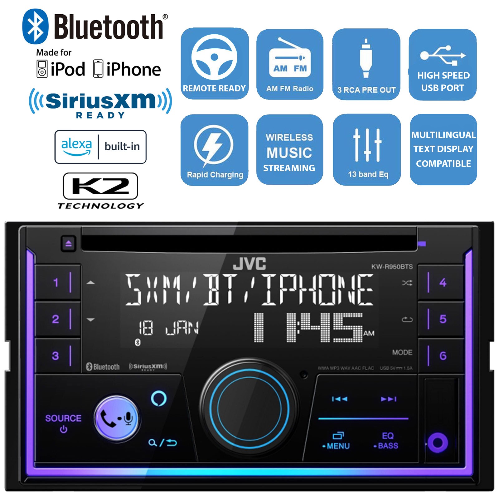 JVC KW-R940BTS Double DIN SiriusXM Ready USB AUX Bluetooth CD Player Receiver
