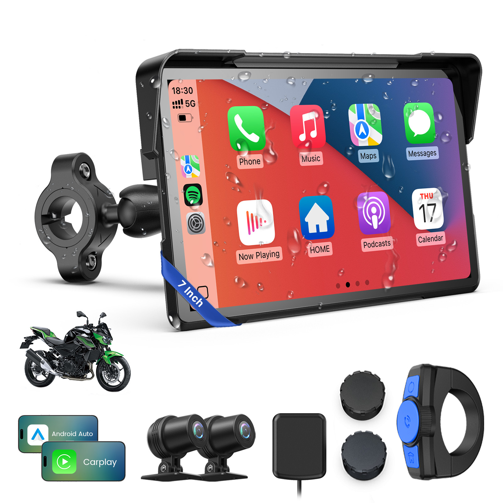 7″ Screen Waterproof Motorcycle Wireless CarPlay Android Auto 4K Dash Cam TPMS