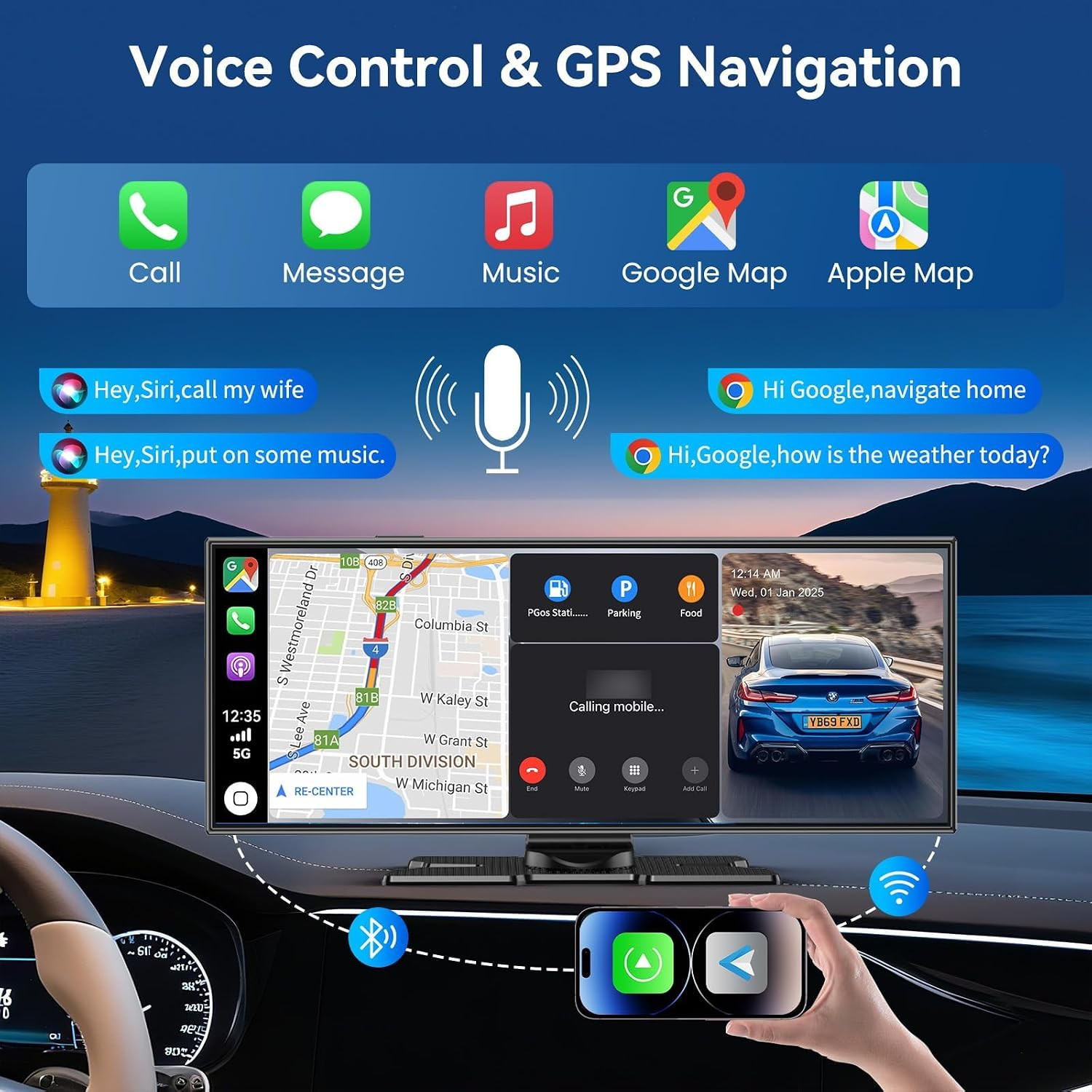 Carplay Screen for Car, 11.5″ Wireless Carplay Screen with 4K Dash Cam, 1080P Re