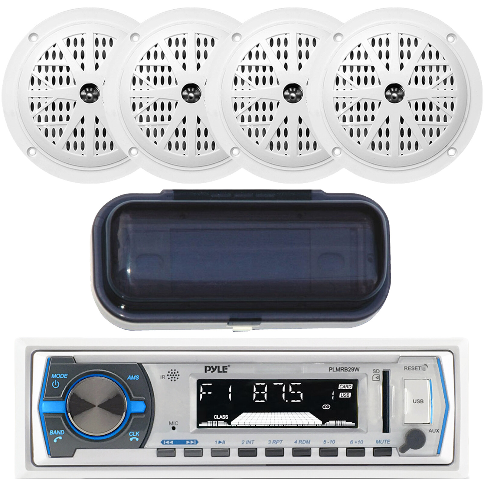 Pyle PLMRB29W Marine Boat MP3 USB SD AUX AM/FM Radio, 4 White Speakers /Cover