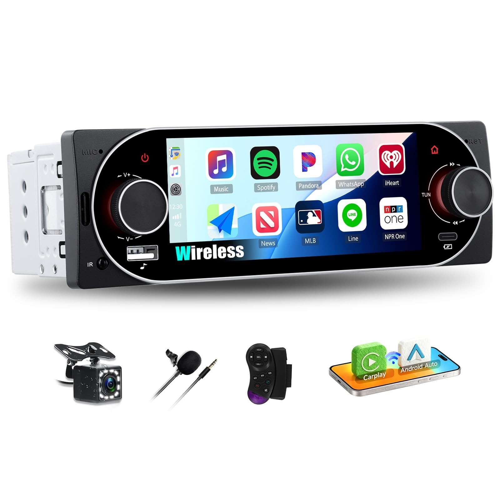 Single Din Car Stereo with Wireless Carplay & Android Auto, 5.1″ Touchscreen, Bl