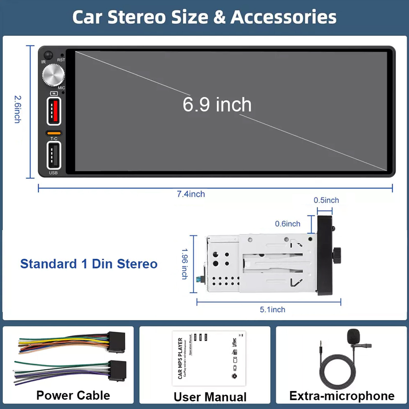 Single Din Car Stereo Wireless Apple CarPlay 6.9″touchscreen Radio Bluetooth USB