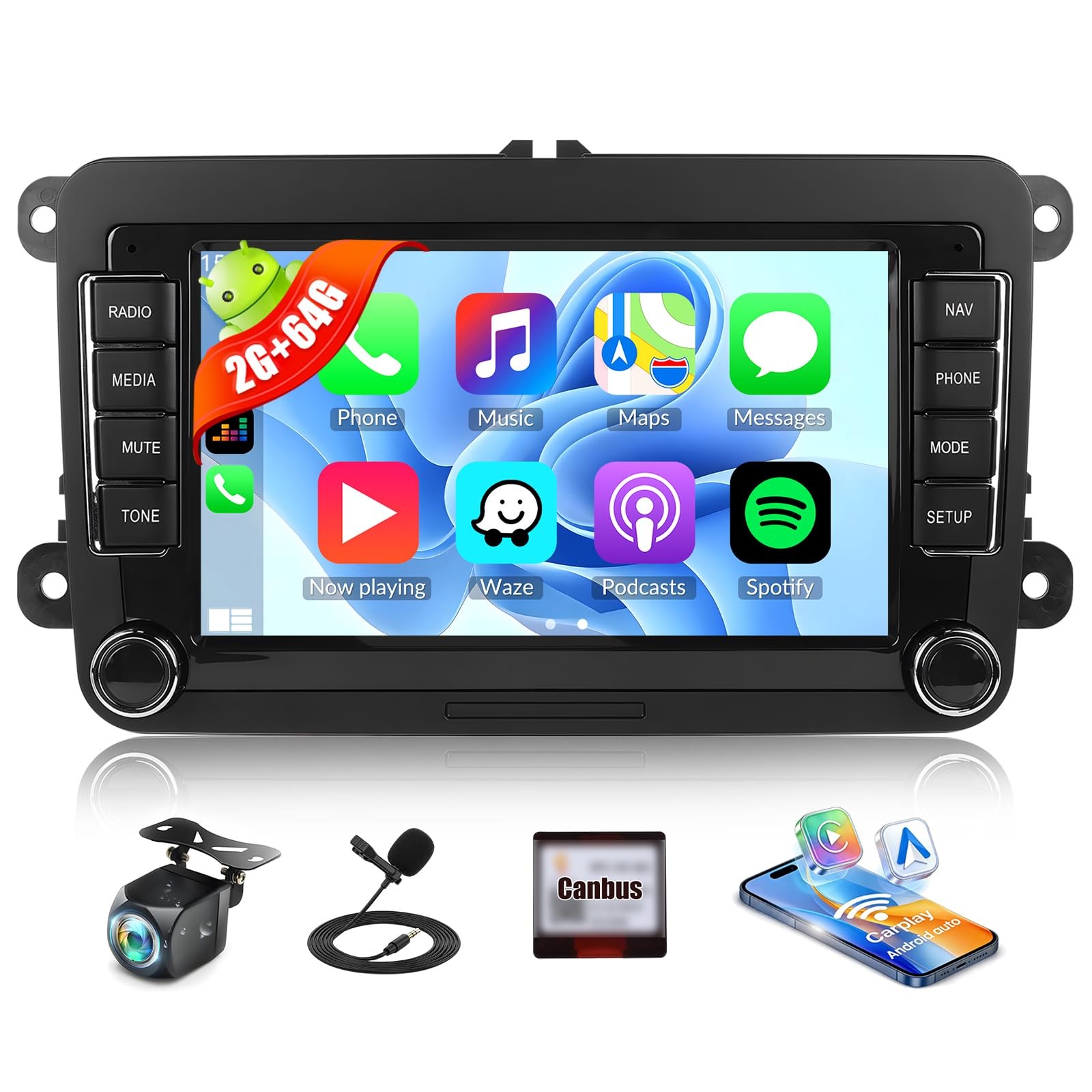 7” Touchscreen Wireless Carplay Android Auto Stereo for VW Passat Jetta Golf