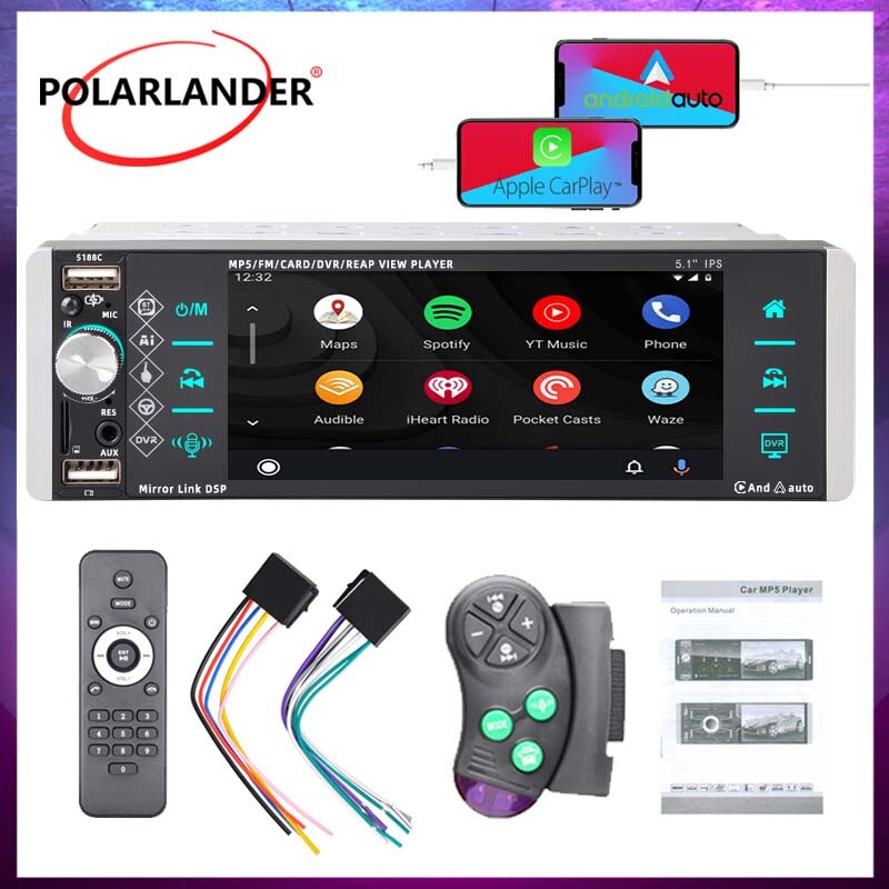 5.1″ Single 1 Din Car Radio Touch Screen Carplay Bluetooth MP5 Player FM/USB/AUX