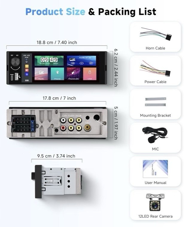 Universal Single DIN Car Stereo 6.3” Touch Screen Bluetooth FM USB Backup Camera