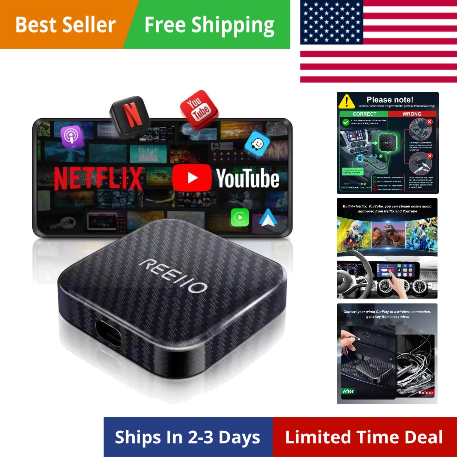 Wireless CarPlayBox with Netflix/YouTube/TF Card Slot Convert Wired CarPlay t…