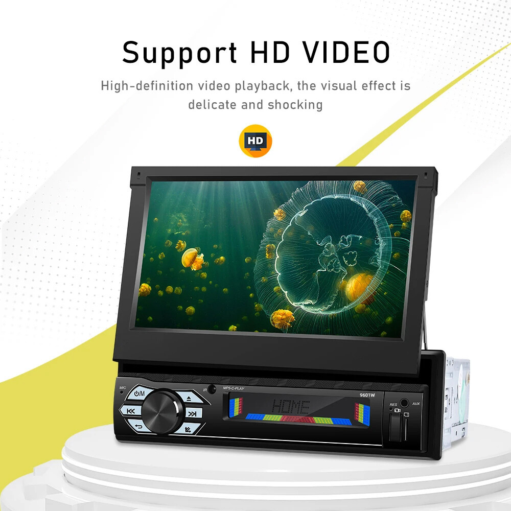 7″ 1 Din Car Stereo Radio Telescopic Screen Touch Screen Wireless Carplay FM+cam