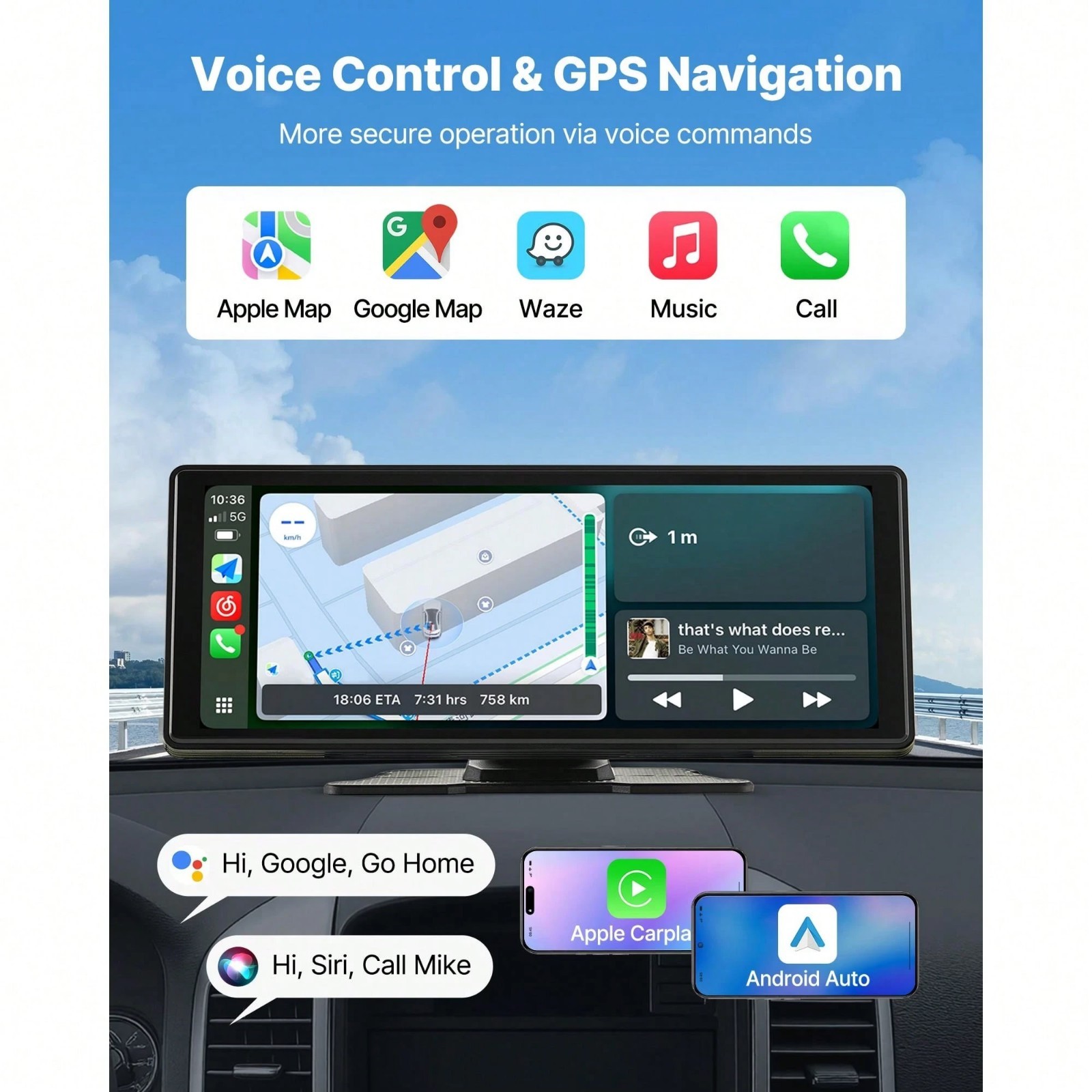 10 Inch Portable Wireless CarPlay Screen Android Auto Touchscreen GPS Stereo