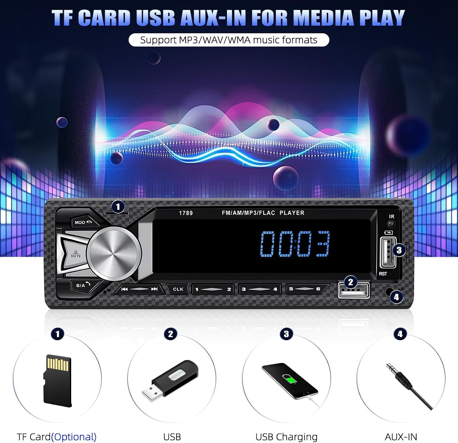 Digital LCD Single Din Car Radio with FM, MP3 Player & RGB Backlit Buttons