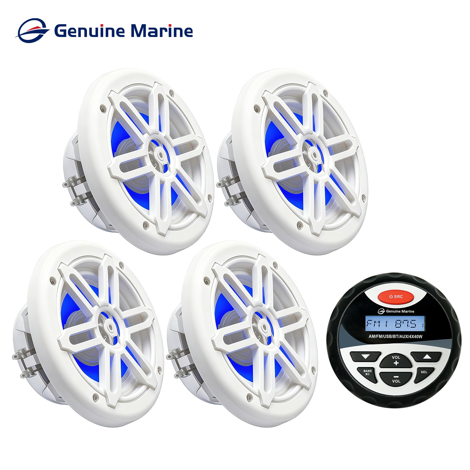 4X 6.5″ 150 Watt Marine LED Speakers in White W/Marine Radio Bluetooth Receiver