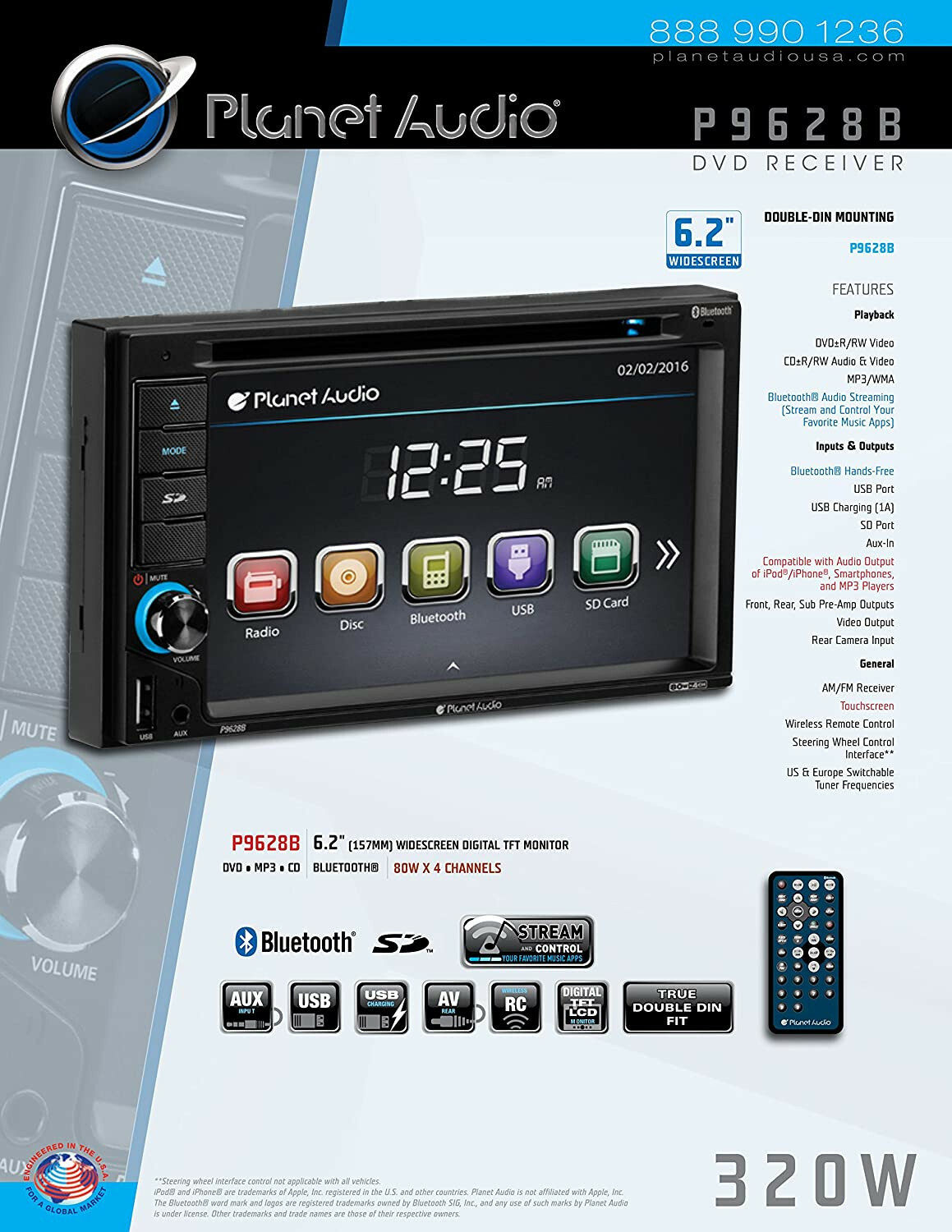 Planet Audio P9628B Double Din, Touchscreen, Bluetooth, DVD/CD/MP3/USB/SD AM/FM
