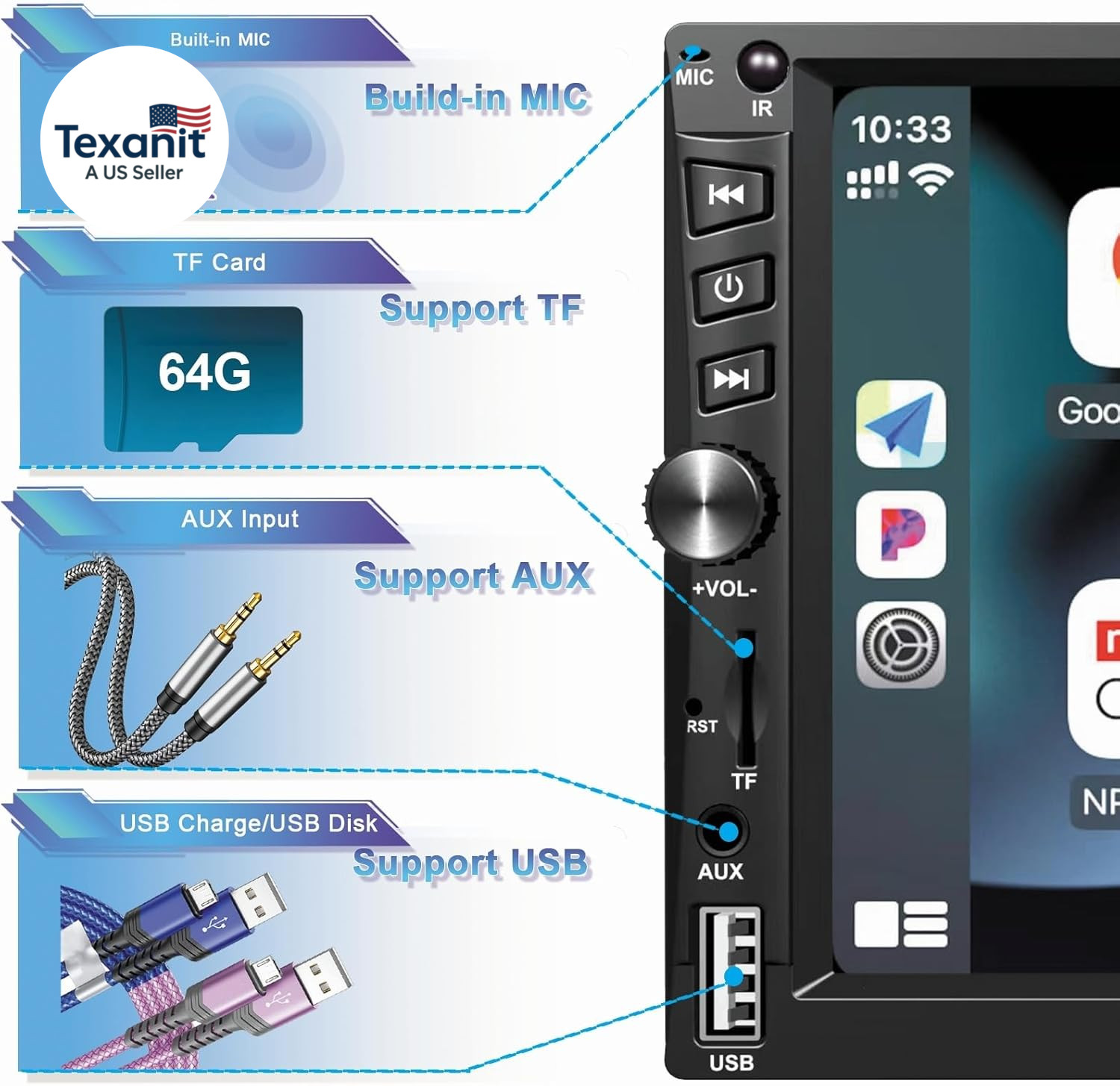 Wireless Double Din Car Stereo Works with Apple Carplay,7 Inch HD 1024 * 600 Tou