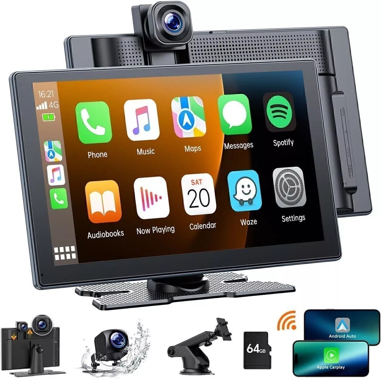 4K Dash Cam Wireless 9″Car Stereo Radio Apple Carplay&Android Auto+1080P Camera