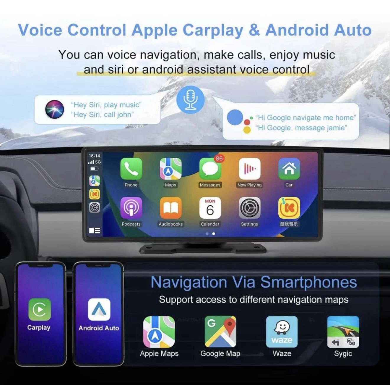 10.26 inch Wireless CarPlay Android Auto Screen Portable Car Stereo 4K Dash Cam