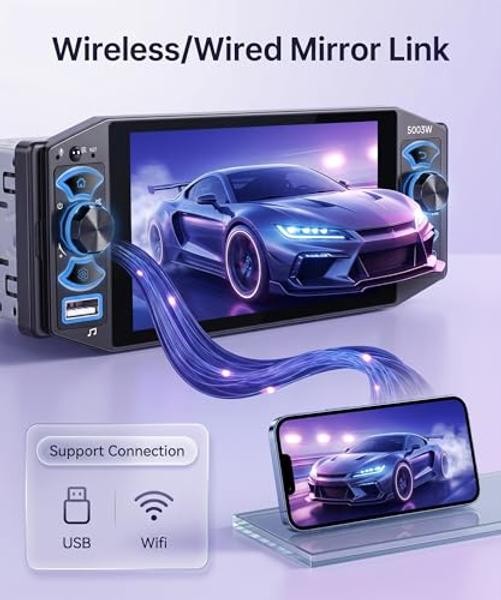 Single Din Car Stereo with Wireless CarPlay & Android Auto | 5 Inch Touch